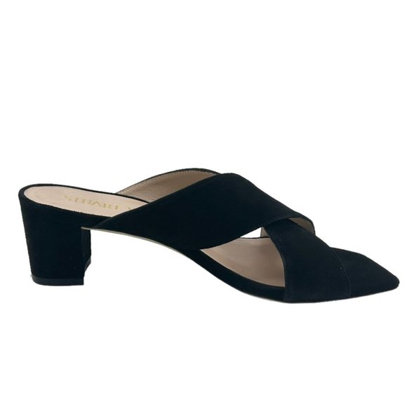 Stuart Weitzman Aletha Black Suede Cross Strap Square Toe Heeled Sandals - Picture 4 of 11
